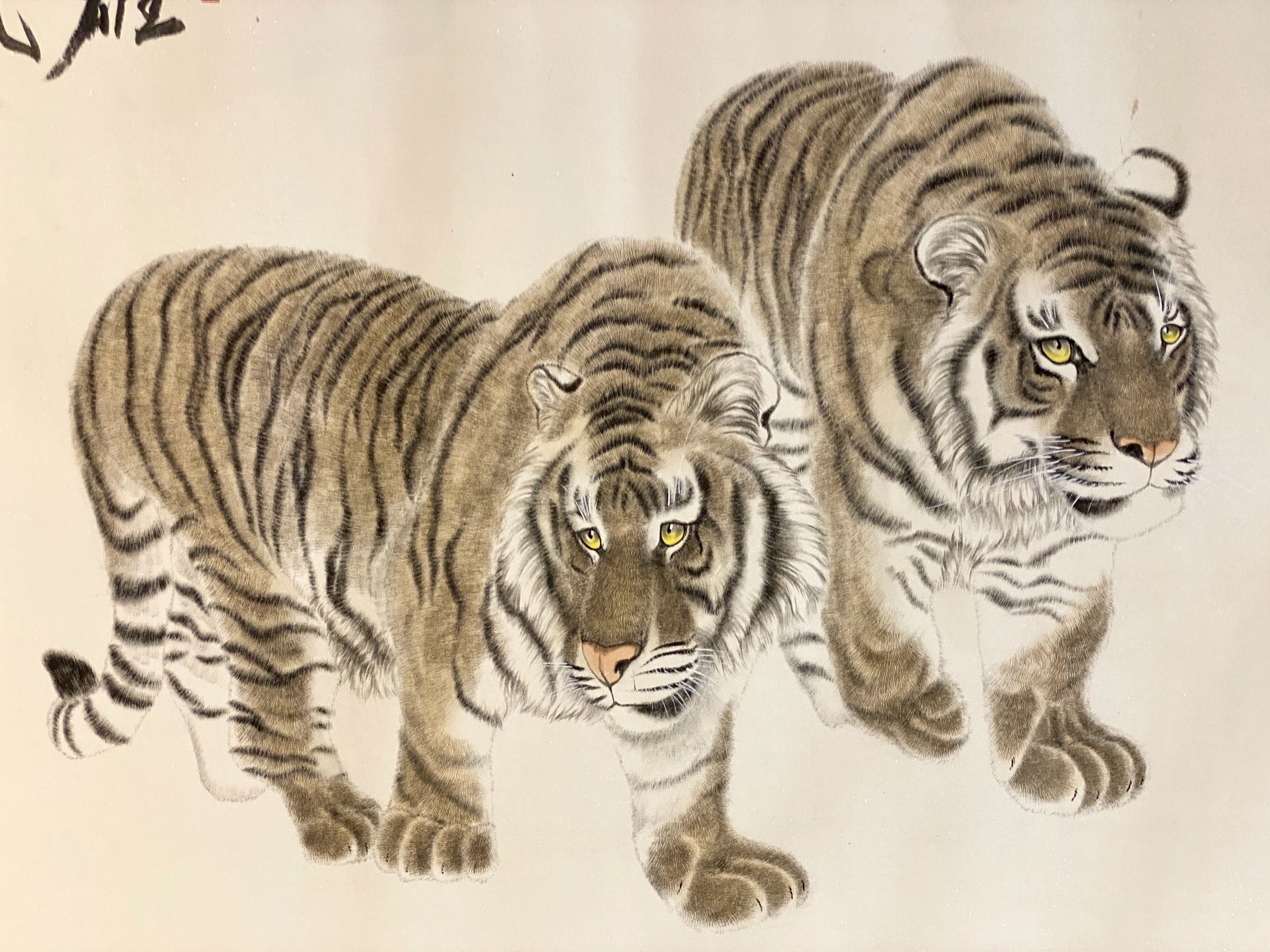 Chinese School, early 21st century, scroll painting on paper of two tigers, image 92 cm x 173 cm